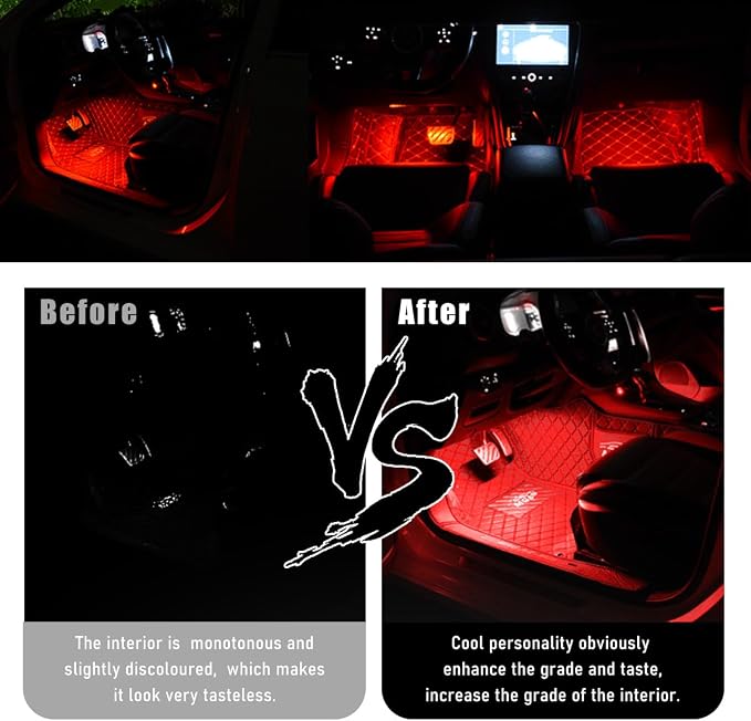 Wevdn Car Interior LED Strip Light, 12V 24 LED Waterproof Neon Ambient Night Light with USB Port, Automotive Atmosphere Decorative Under Dash Lighting Kit, Car Accessories (Red)