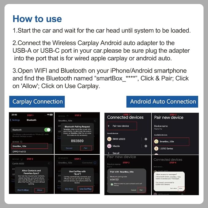 2-in-1 Wireless CarPlay Adapter for iPhone ＆ Wireless Android auto Adapter, Plug and Play USB/USB C Connection, Apple Car Play Wireless Adapter for iOS/Android