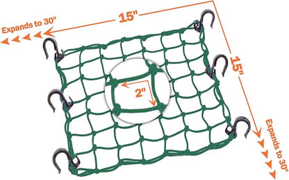 Cargo Net 15"x15" Stretches to 30"x30" with Thicken Hooks | Natural Latex Core, Tight 2”x2” Mesh Small Heavy Duty Bungee Net for Motorcycle Helmet, Bike, ATV, UTV, Luggage (Army Green,2 Pack)