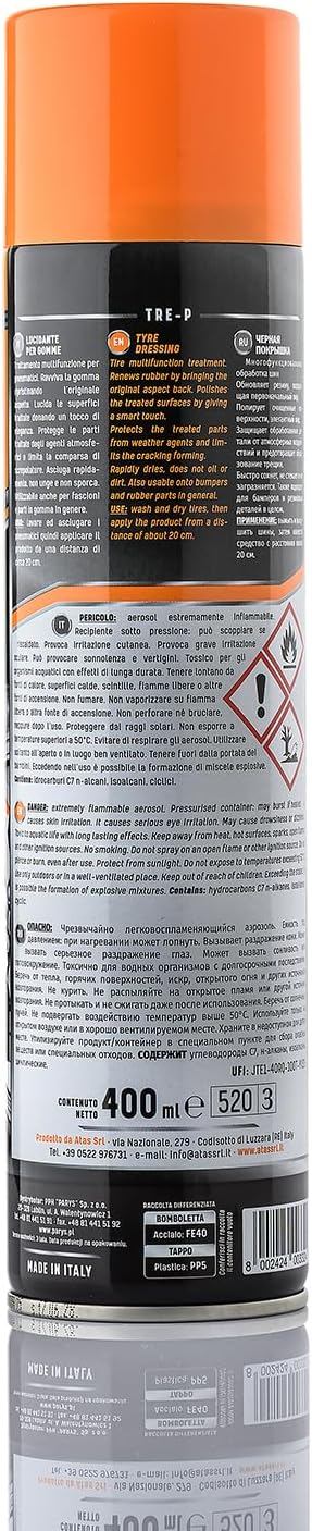 ATAS Italian Tire Shine Spray – Long-Lasting Shine, Deep Black Gloss, Professional Tire Dressing, 13.5 fl oz,3-in-1 Revive, Protect & Polish Cleaner