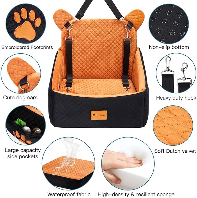 Dog car Seats for Small/Medium Dogs up to 33lbs- Washable, Waterproof, Dog Booster & car Seats with 2 Easy-Install Safety Belts, Non-Slip Base & Storage Pocket(Brown Black).
