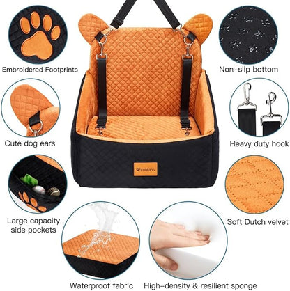 Dog car Seats for Small/Medium Dogs up to 33lbs- Washable, Waterproof, Dog Booster & car Seats with 2 Easy-Install Safety Belts, Non-Slip Base & Storage Pocket(Brown Black).