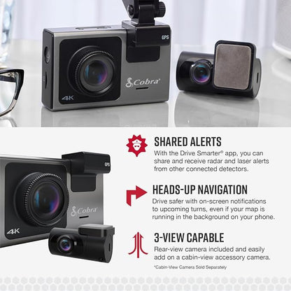 Cobra Smart Dash Cam + Rear Cam (SC 400D) – UHD 4K Resolution, 3-Camera Capable, Live Police Alerts, Emergency Mayday, Drive Smarter App, 3" Touchscreen, Wi-Fi & GPS, 32GB SD Card Incl