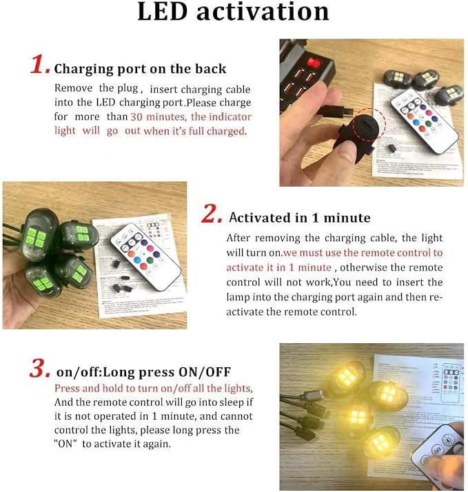 Upgraded 4PCS Mini Wireless LED Strobe Lights for Car Drone Motorcycle Bike with Remote Control High-Brightness Warning Wireless LED Lights for Motorcycle USB Rechargeable 8-Color Car Lights Interior