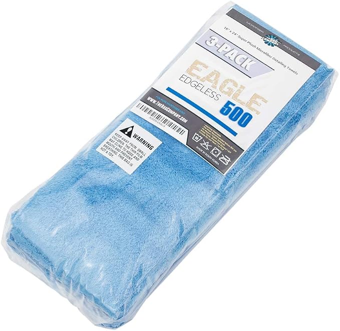 The Rag Company - Eagle Edgeless 500 (3-Pack) Professional Korean 70/30 Blend Super Plush Microfiber Detailing Towels, 500GSM, 16in x 24in, Blue