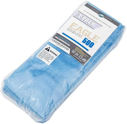 The Rag Company - Eagle Edgeless 500 (3-Pack) Professional Korean 70/30 Blend Super Plush Microfiber Detailing Towels, 500GSM, 16in x 24in, Blue