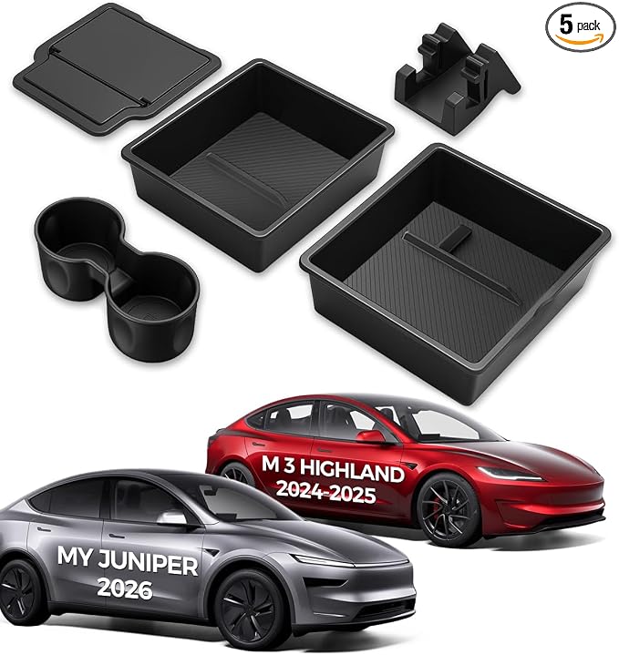 Center Console Organizer 5PCS Compatible with Tesla Model Y Juniper2026, Armrest Storage Tray, Hidden Storage Box, Cup Holder, Phone Holder – Interior Accessories for New Model Y/3 2025