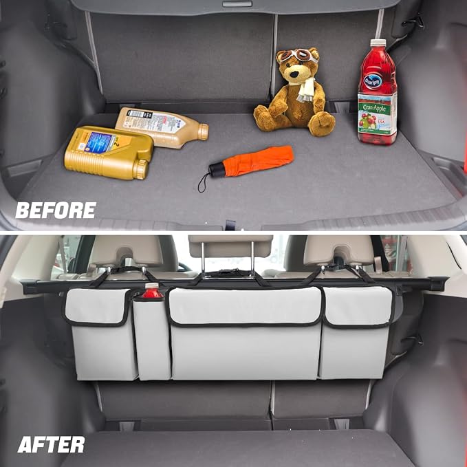AUCELI Car Trunk Organizer, Backseat Hanging Large Storage with Adjustable Straps, Waterproof Collapsible Cargo Bag with 4 Pockets, Sturdy Space Saver Frees Trunk Floor for SUV, Truck, MPV