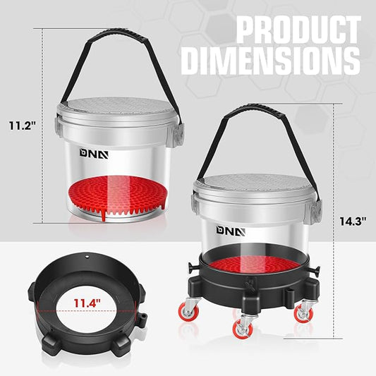 DNA Motoring 5 Gallon Washing System Includes 15.5L Bucket, Filtration System Insert, Five Castor, Bucket Dolly, and Lid for Car Wash and Detailing, Transparent, TOOLS-00603