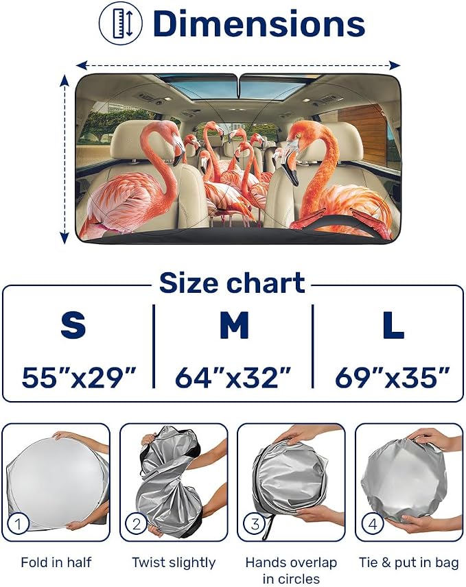 GENANY Flamingo Windshield Sun Shade for Car SUV Truck (64x32 Inches), Automobile Sunshade, Protector Blocks UV, Car Decor