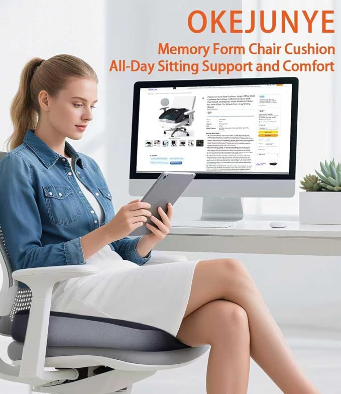 Memory Foam Seat Cushion, Large Office Chair Cushions Chair Pad for Tailbone Sciatica Coccyx Lower Back Pain Relief, Orthopedic Butt Pillow for Desk Chair Car Wheelchair Long Sitting (Black)