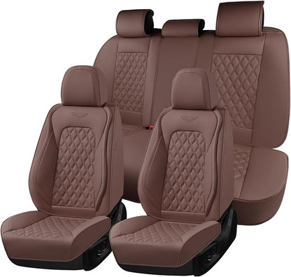Coverado Full Set Car Seat Covers, Brown Leather Seat Protectors for Cars, Waterproof Luxury Front & Back Car Seat Covers, Universal Fit for Most Cars-Brown