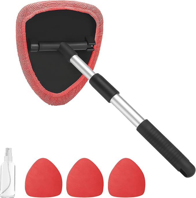 Windshield Cleaning Tool, Car Window Cleaner with Extendable Handle, 4 Microfiber Pads and Spray Bottle, Auto Interior Exterior Glass Wiper Cleaning Kit Universal for RV, SUV, Truck (Red)