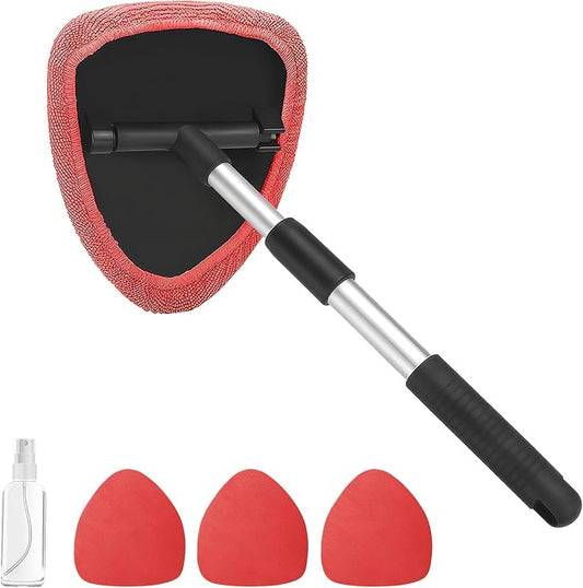 Windshield Cleaning Tool, Car Window Cleaner with Extendable Handle, 4 Microfiber Pads and Spray Bottle, Auto Interior Exterior Glass Wiper Cleaning Kit Universal for RV, SUV, Truck (Red)