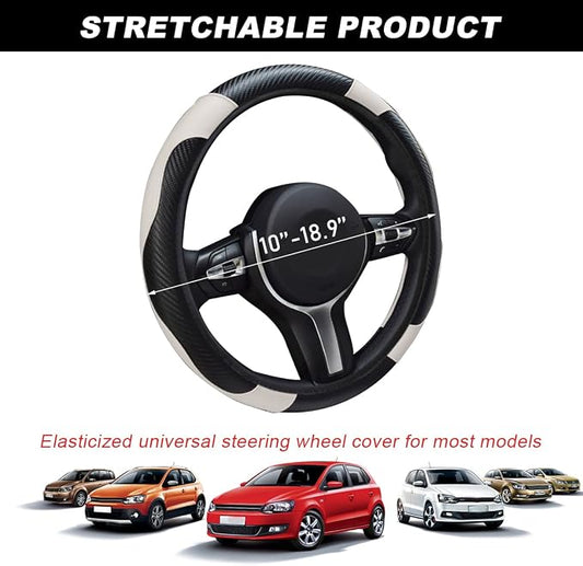 DXNQ Car Steering Wheel Cover, 15 Inch Carbon Fiber Leather Stitching Color Steering Wheel Protector, Anti-Slip Elastic Breathable Steering Wheel Cover Stylish Decor for Most Cars (Black & White)
