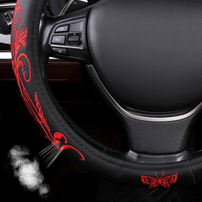 Red Embroidery Butterfly Car Steering Wheel Cover,14.5-15 Inch Universal Leather Covers Breathable Anti-Slip Odorless Steering Wheels Accessories for Men Women