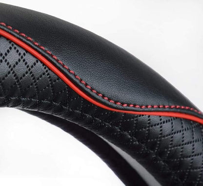 Valleycomfy Steering Wheel Covers Universal 15 inch - Genuine Leather, Breathable, Anti Slip & Odor Free (Black with Red Lines, M(14" 1/2-15" 1/4))