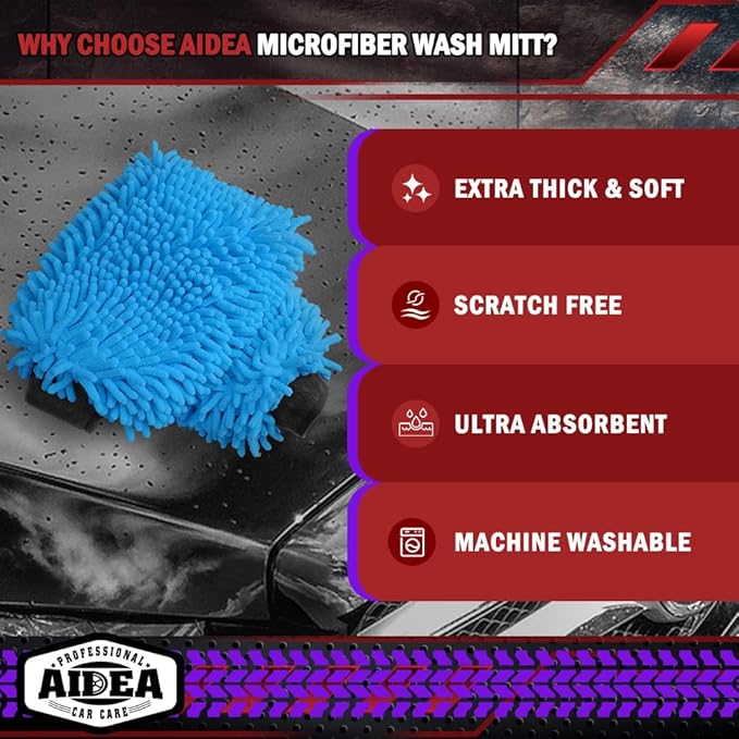AIDEA Car Wash Mitt Microfiber, 1PK Scratch Free Lint-Free, Premium Chenille Microfiber Sponge Mitt Car Wash Brush, Blue, Regular Size 7.12''X10.14''