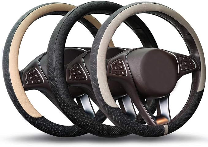 COFIT Breathable Car Steering Wheel Cover 15 inch Auto Universal Leather Wrap Non-Slip Steeringwheel Protector Automotive Interior Accessories, Black (Suit for 14 1/2-15 inch)