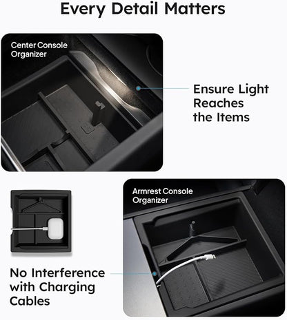 Wigoo Center Console Organizer for Tesla Model Y Juniper (Only Premium & Performance 2025 2026) and All Model 3 Highland Accessories [Double-Layer Storage, Smooth Sliding] 4PCS Black