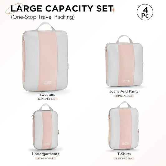 OlarHike 4 Set Compression Packing Cubes for Travel Essentials,Compressible Expandable Space Saver Bags for Organizing Clothes,Luggage Suitcase Garment Bags with Over 1000 pcs Mesh Holes(Beige)