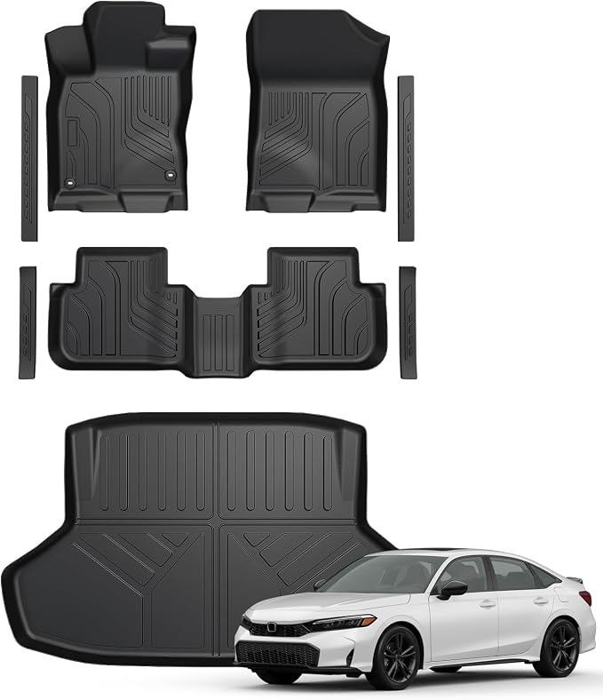 Floor Mats for Honda Civic Sedan 2022-2026/Acura Integra 2023-2026, All Weather Floor Mats Trunk Cargo Liner and Door Sill Guards Accessories, Full Coverage Set (Gas Only, Not fit Manual)