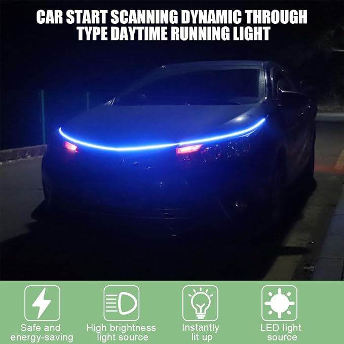 Car Hood Light Strip, 59 Inch Silicone Flexible Daytime Vehicle LED Running Lighting with Dynamic Scan Start Up Effect, Waterproof Auto Exterior Lamp Accessories, Universal Fit (Blue)