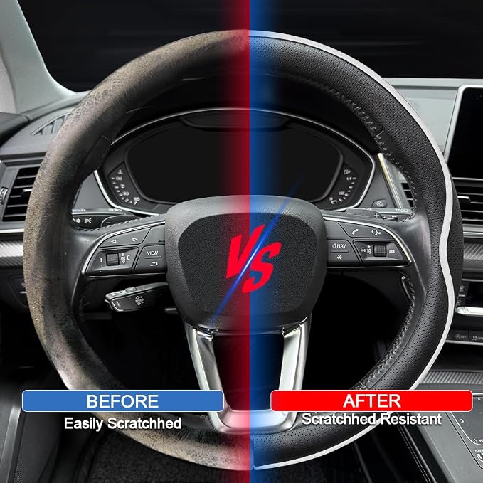 HAOTULE Leather Steering Wheel Cover， with Anti-Slip Stripe Design - Enhanced Grip, Fashion Style, Safe, Non-Slip, Breathable. Upgrade car Interior，Black White