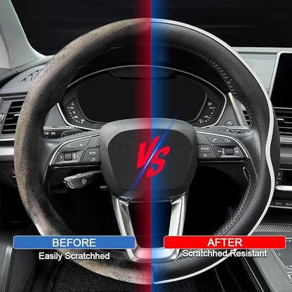 HAOTULE Leather Steering Wheel Cover， with Anti-Slip Stripe Design - Enhanced Grip, Fashion Style, Safe, Non-Slip, Breathable. Upgrade car Interior，Black White