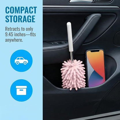 2PCS Car Interior Duster with Extension Pole, 9.45" to 28.35" Microfiber Soft Vehicle Dash Dusting Detailing Wash Brushes, Automotive Dash Cleaning Tool, Universal for SUV RV Truck (Pink)