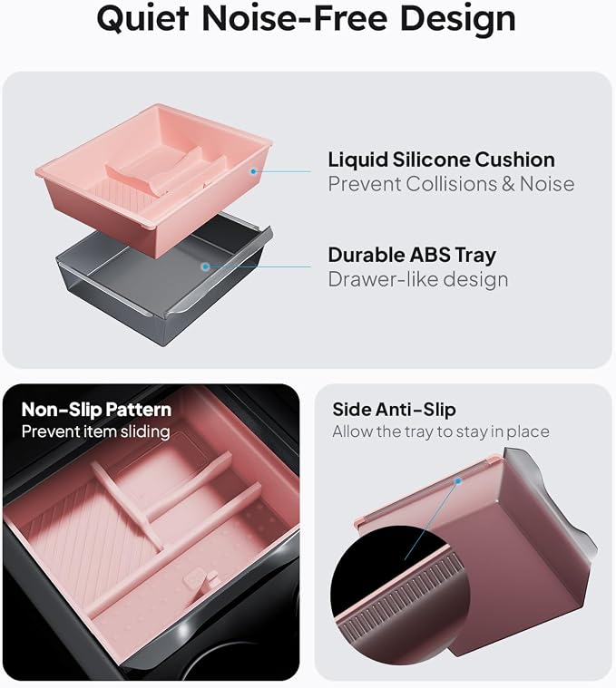Wigoo Center Console Organizer for Tesla Model Y Juniper (Only Premium & Performance 2025 2026) and All Model 3 Highland Accessories [Double-Layer Storage, Smooth Sliding] 4PCS Pink