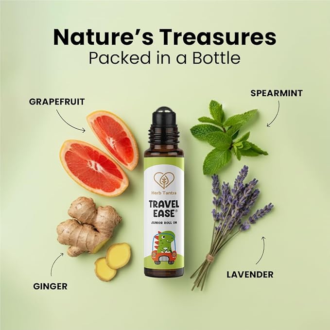 Herb Tantra Travel Ease Junior Kids Roll On,Natural Anti Nausea Relief for Car, Cruise, Airplane, Road Trip & Flight, Essential Oil Based Non drowsy Alternative for Motion Sickness
