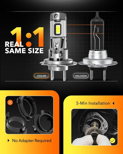OXILAM H7 LED Bulb, 40000LM 900% Super Bright, 1:1 Size No Adapter Required, Non-polarity Plug and Play, 6500K Cool White Fog Light, Pack of 2