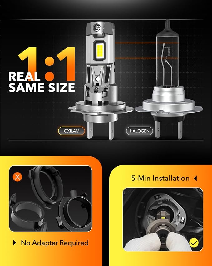 OXILAM H7 LED Light Bulb, 40000LM 900% Super Bright, 1:1 Size No Adapter Required, Non-polarity Plug and Play, 6500K Cool White Fog Light, IP68 Waterproof, Pack of 2