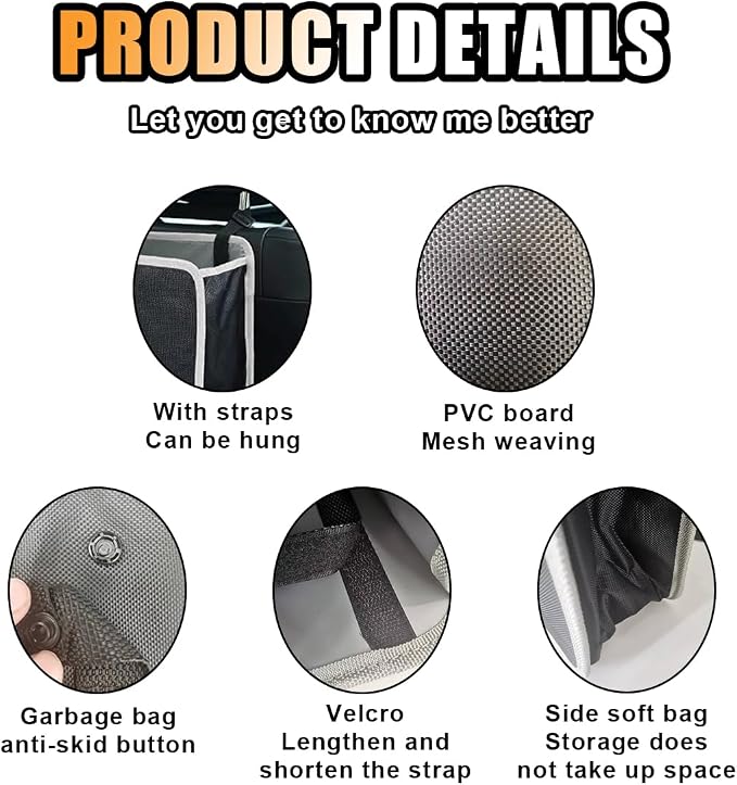 Foldable Car Trash Can - 1.85 Gallon Capacity Hanging Garbage Bin Organizer - Waterproof Leakproof Trash Can Storage Bag - Auto Interior Accessories