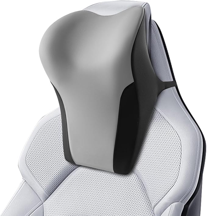 BABUR Car Neck Pillow for Driving Seat, Memory Foam Car Headrest Pillow, Ergonomic Neck Support, Breathable Removable Cover, Adjustable Strap, Pain Relief for Long Drives, Universal Fit | Gray