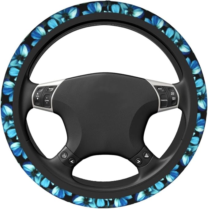 Blue Flower Steering Wheel Cover for Women Car Accessories Cute Girls Girly Universal 15 Inch Neoprene Auto Interior Decor Anti Slip Automotive Truck Protector