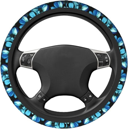 Blue Flower Steering Wheel Cover for Women Car Accessories Cute Girls Girly Universal 15 Inch Neoprene Auto Interior Decor Anti Slip Automotive Truck Protector