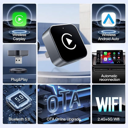 Wireless CarPlay Adapter for iPhone, Android, 2026 Upgrade Convert Wired to Wireless Apple CarPlay Adapter, Mini Size USB Stable Control, Plug and Play