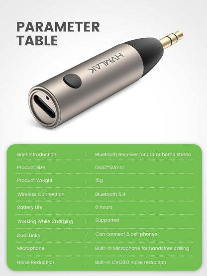 HVMLAK Aux Bluetooth 5.4 Adapter, Wireless Audio Receiver for Car Home Stereo Speaker, Music Streaming, Handsfree Calls, 6 Hours Playback, 1 Piece