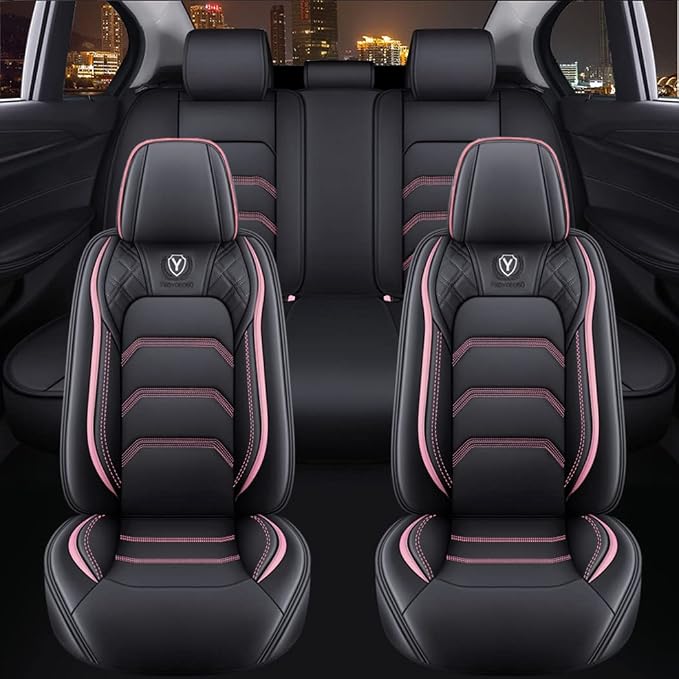 Comfortable Leather Auto Car Seat Covers 5 Seats Full Set Universal Fit (Black & Pink