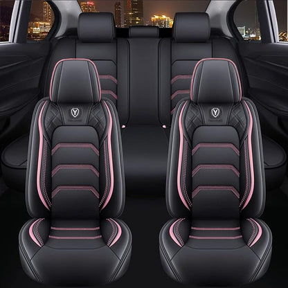 Comfortable Leather Auto Car Seat Covers 5 Seats Full Set Universal Fit (Black & Pink