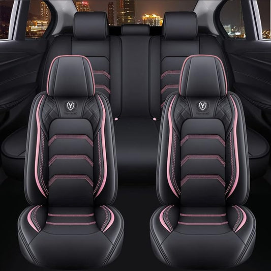 Comfortable Leather Auto Car Seat Covers 5 Seats Full Set Universal Fit (Black & Pink
