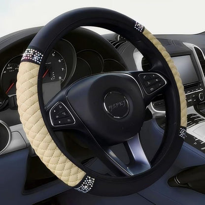 Soft Leather Car Steering Wheel Cover, Universal 15 Inch Colorful Rhinestones Anti-Slip Elastic Steering Wheel Covers for Most Cars, Sparkly Crystal Diamond for Women Girls (Beige)