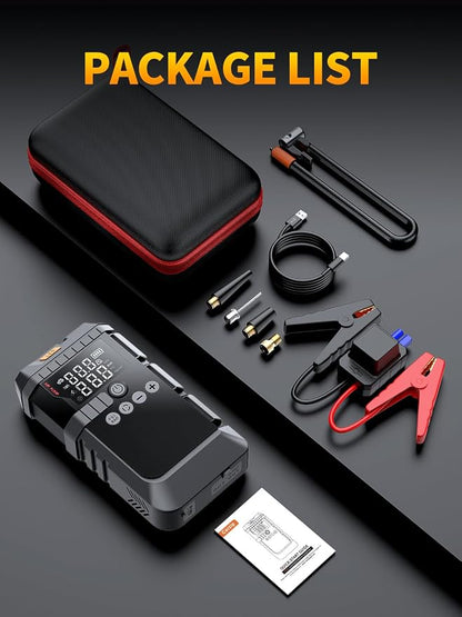 Jump Starter with Air Compressor, Battery Jumper Starter Portable,12V Jump Box with 160PSI Tire Inflator for Car Battery, LED Display for All Gas & 12L Diesel Engines, LED Light, Jumper Cables