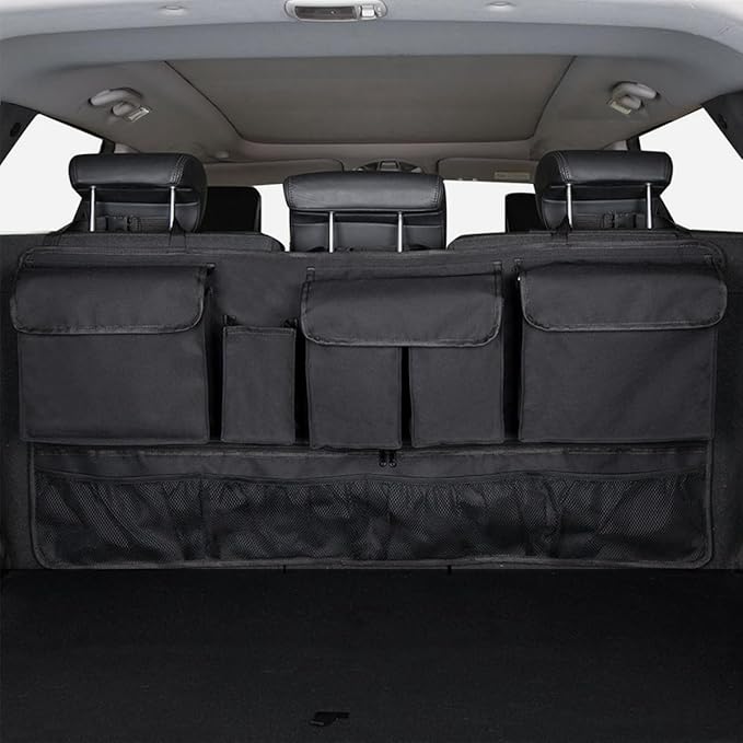 Mandark Car Trunk Organizer, Super Capacity Vehicle Hanging Backseat Cargo Storage Bag with Robust Elastic Net, Detachable Auto Seat Back Organizing Bag, Universal for SUV, Truck, RV（Black/Black）