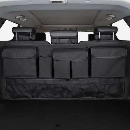 Mandark Car Trunk Organizer, Super Capacity Vehicle Hanging Backseat Cargo Storage Bag with Robust Elastic Net, Detachable Auto Seat Back Organizing Bag, Universal for SUV, Truck, RV（Black/Black）