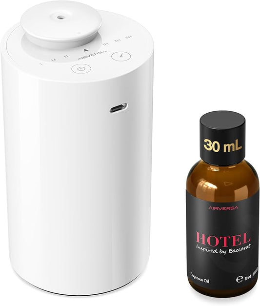 Airversa Waterless Essential Oil Diffuser Starter Kit with 30mL Hotel Fragrance Oil Inspired by BaCRT, Battery Operated Car Diffuser, Portable Aroma Nebulizer for Home Car Office, AN6Kit-C, White