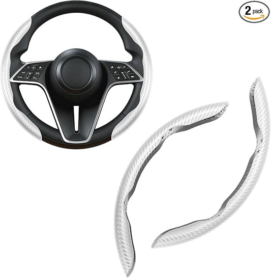 Carbon Fiber Steering Wheel Cover, 2-Piece Set Anti-Skid Comfortable Grip Segmented Butterfly Design, Easy Snap-On Installation Universal Fit 99% Cars, White