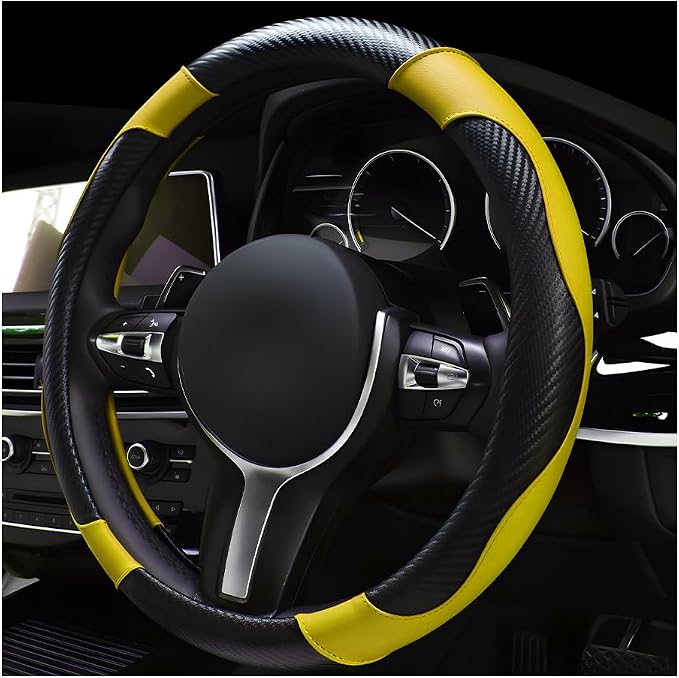 povtii Car Steering Wheel Cover, 15 Inch Leather Breathable Auto Steering Wheel Protector, Comfortable Non-Slip Vehicle Steering Wheel Covers, Universal Car Accessories (Yellow, with Lining)